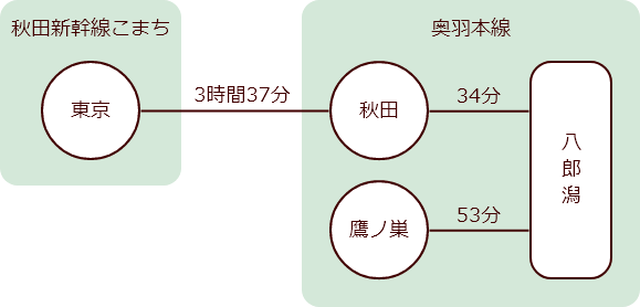 フロー図：東京駅から秋田駅まで秋田新幹線こまちで3時間37分、秋田駅から八郎潟駅までは奥羽本線で34分、鷹ノ巣駅から八郎潟駅までは奥羽本線で53分です。